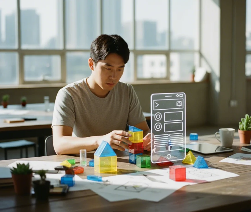 레고 블록으로 앱 UI를 디자인하는 한국 남성