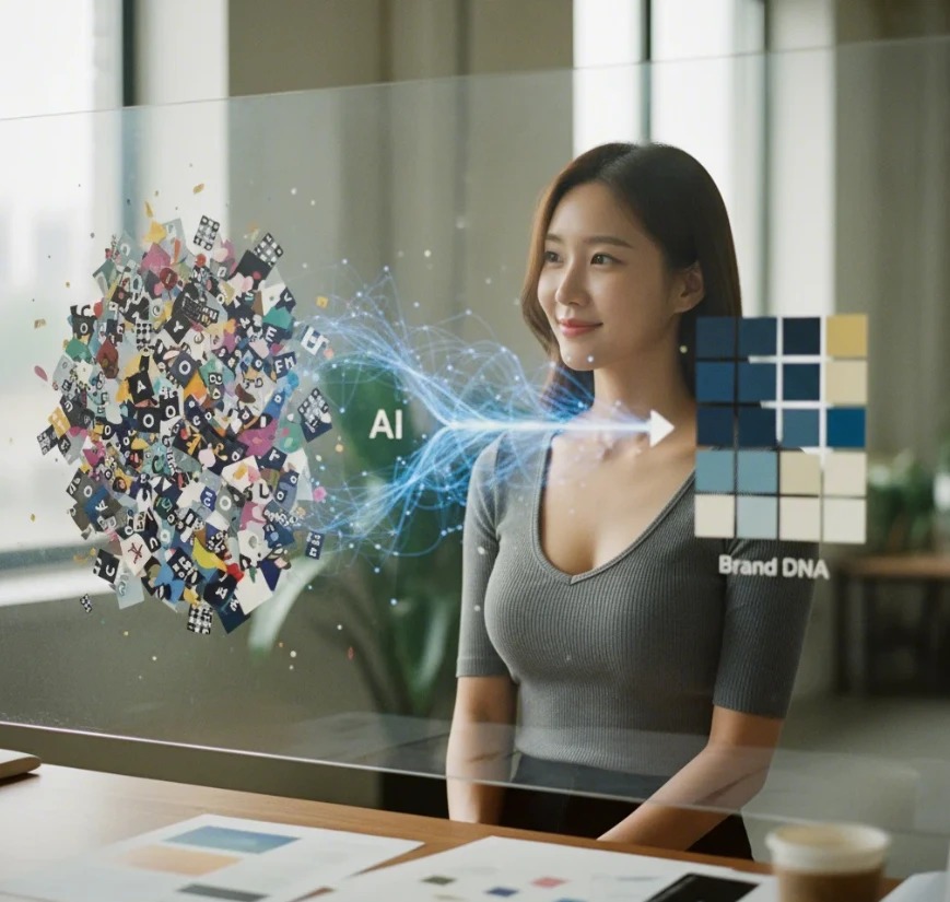 AI가 불일치한 콘텐츠를 일관된 브랜드 DNA 스타일로 정리하는 모습