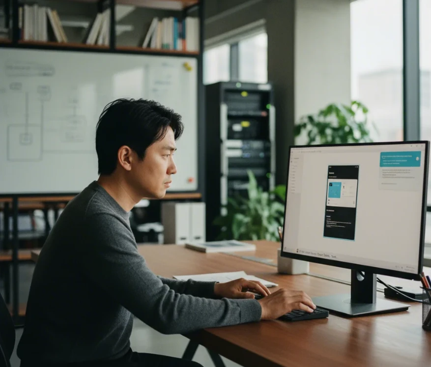 앱 프로토타입을 테스트하고 조건부 프롬프트를 입력하여 기능을 개선하는 한국 남성