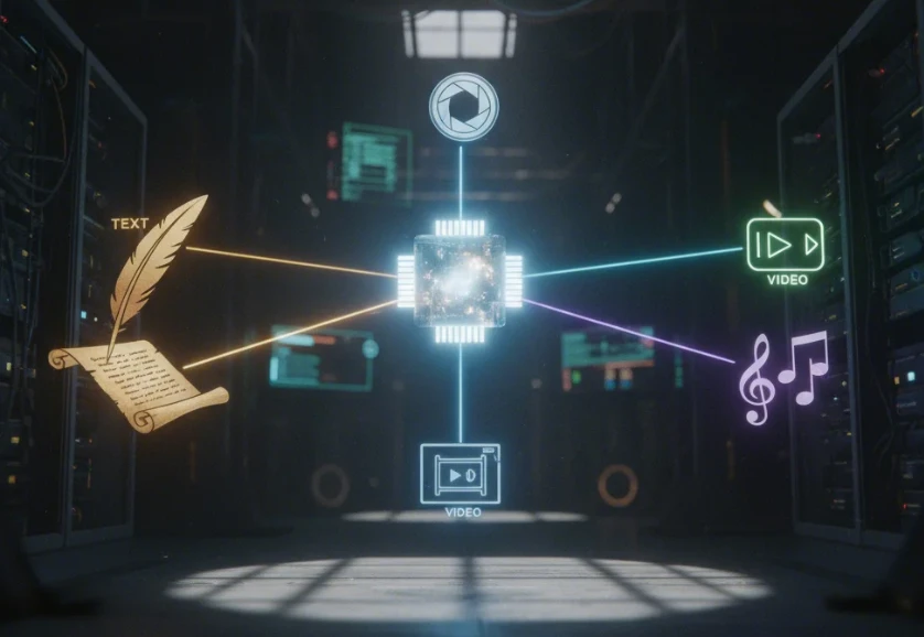 AI 코어를 중심으로 텍스트, 이미지, 음악 콘텐츠가 동시에 생성되는 모습