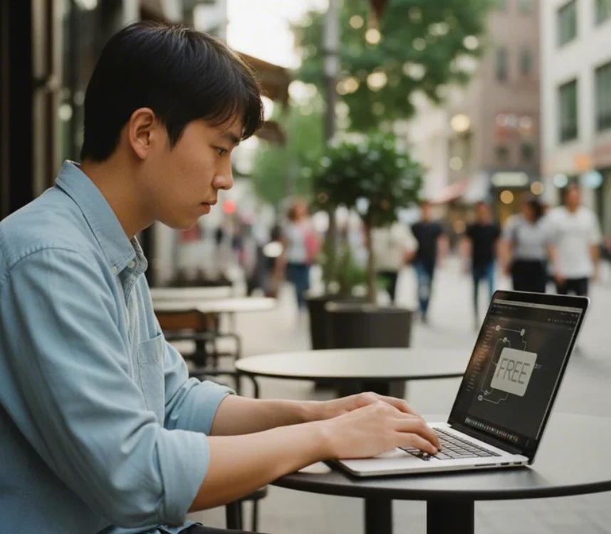 '0원'이 적힌 화면 앞에서 노트북을 사용하는 모습