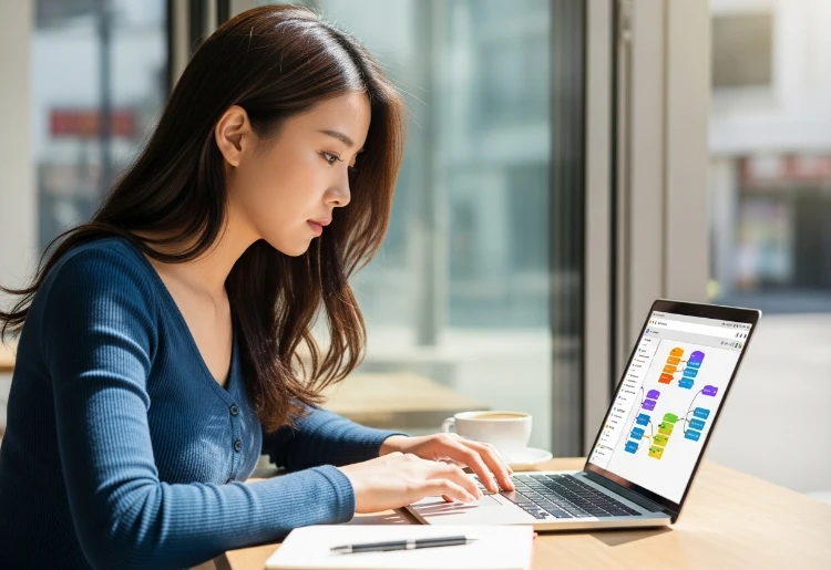 카페에서 노트북으로 AI 워크플로우를 편집하는 한국 여성