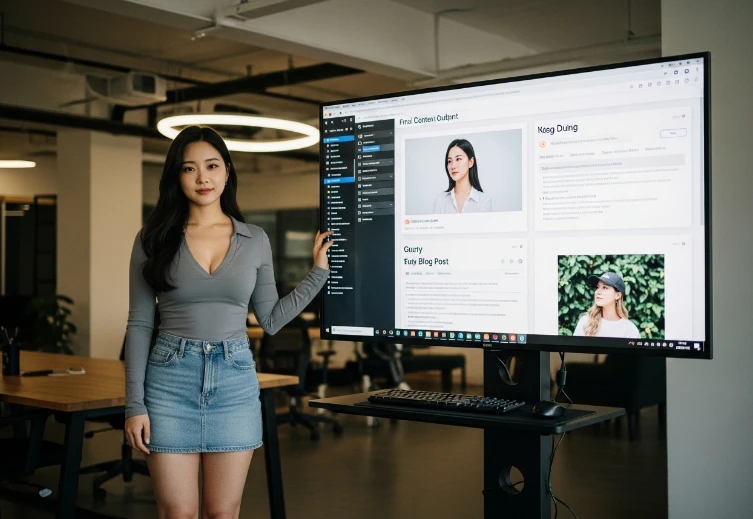 콘텐츠 제작 자동화 결과를 확인하는 한국 여성 마케터