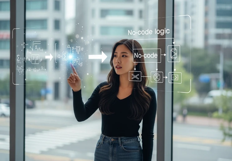 복잡한 AI 기술이 노코드 플랫폼을 통해 대중화되는 모습을 보는 한국 여성