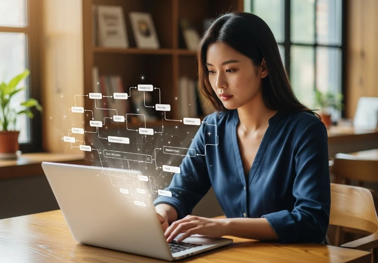 자연어 명령으로 AI 워크플로우를 만드는 한국 여성.