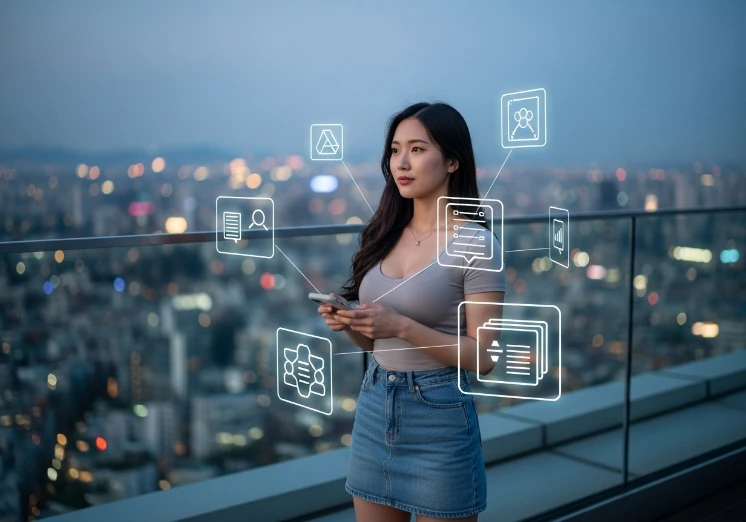 기업 생산성 향상과 범용 AI 비서 비전을 상징하는 한국 여성.