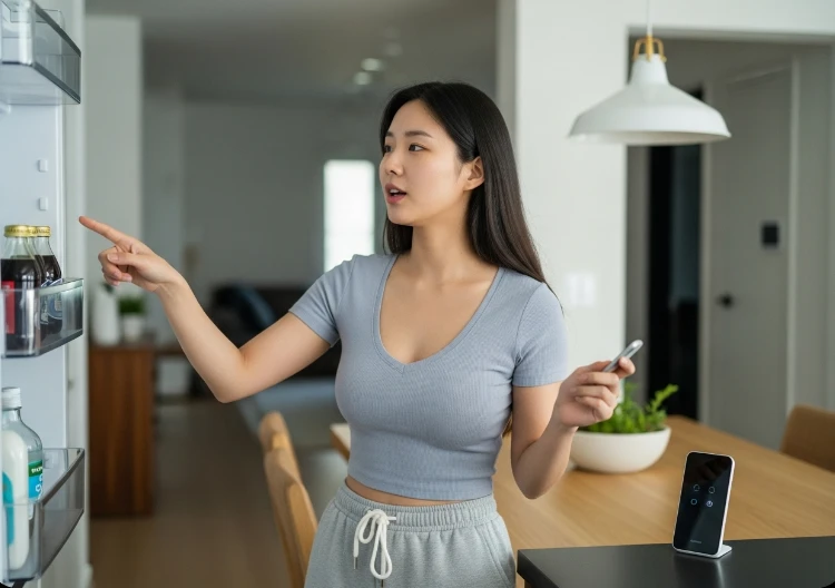 음성과 시각적 정보를 동시에 사용하여 인간 친화적으로 상호작용하는 한국 여성.