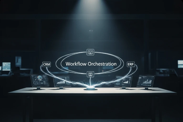 AI 에이전트가 복잡한 업무 워크플로우를 자율적으로 조정하는 모습.