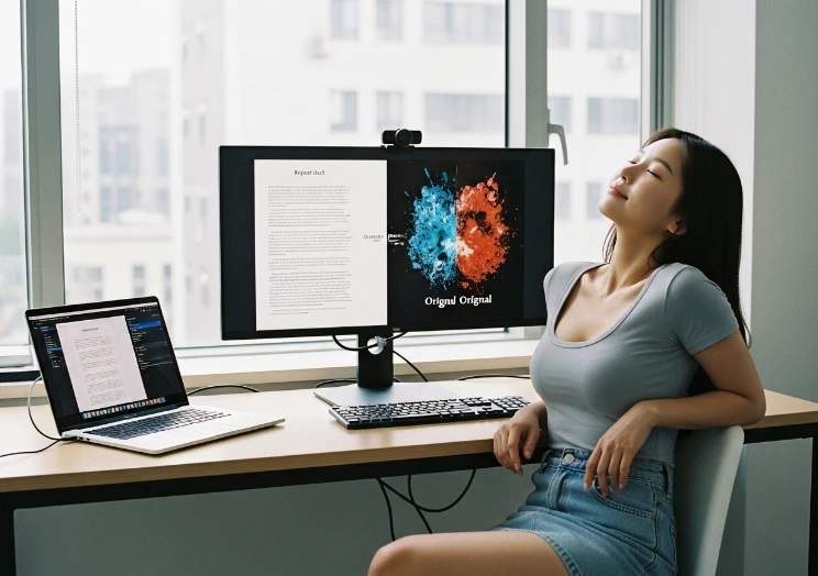 AI 비서를 활용해 텍스트와 이미지를 동시에 창조하는 한국 여성.