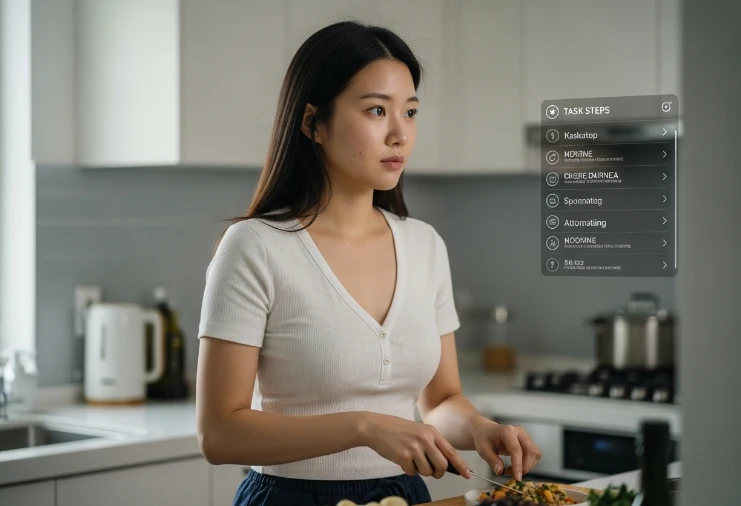 음성 명령으로 복잡한 업무를 자율적으로 처리하는 한국 여성의 모습.