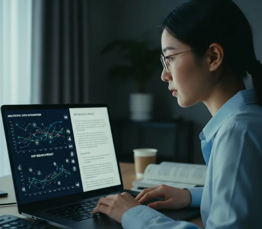 딥 리서치 및 멀티모달 기능을 사용하는 노트북 화면 딥 리서치 및 멀티모달 기능을 사용하는 노트북 화면