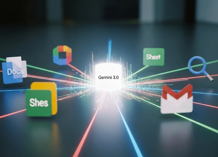 구글 워크스페이스 아이콘들이 AI 기능과 연결된 모습 구글 워크스페이스 아이콘들이 AI 기능과 연결된 모습