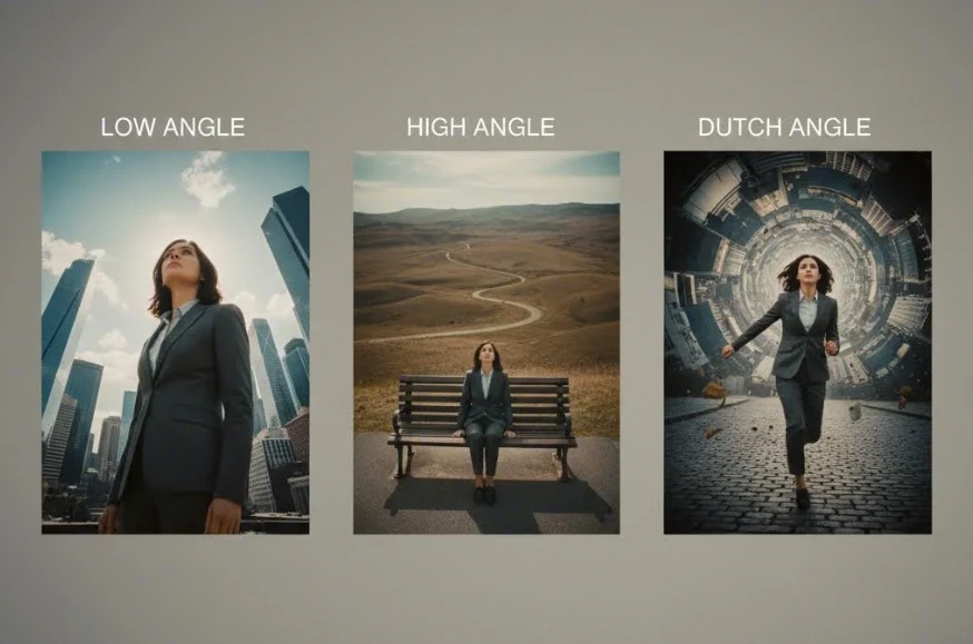 로우 앵글, 하이 앵글, 더치 앵글을 비교한 이미지