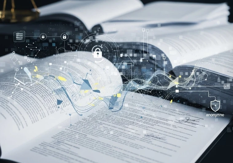 데이터 익명화 및 법적 보존 관련 흐릿한 문서와 컴퓨터 화면