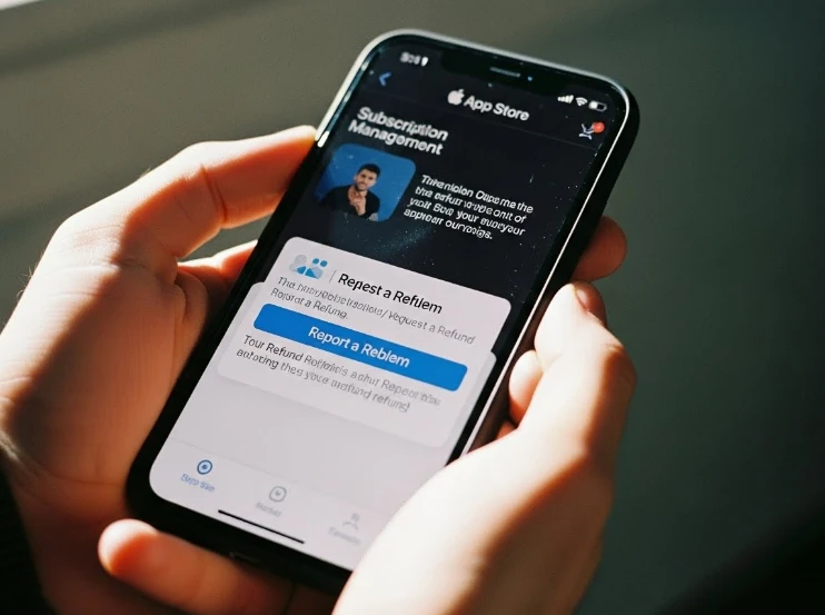 스마트폰으로 앱스토어 환불 정책을 확인하는 손