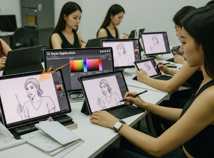 여러 작가가 협업하는 웹툰 스튜디오의 장면