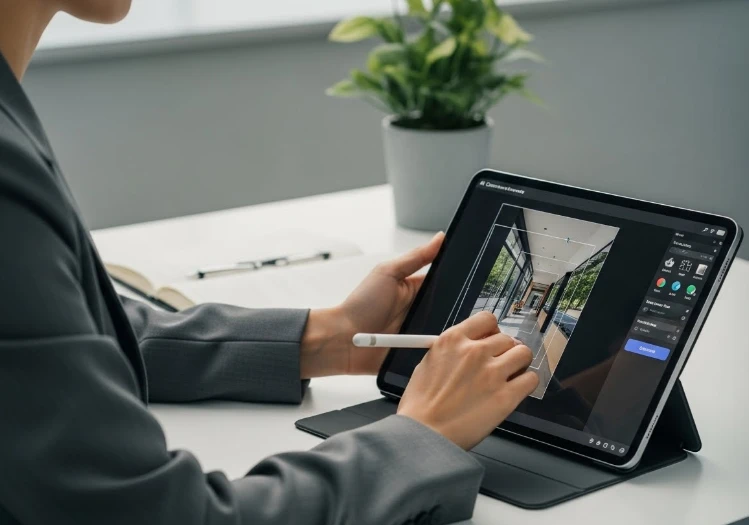 태블릿으로 이미지 변형 작업을 하는 디자이너