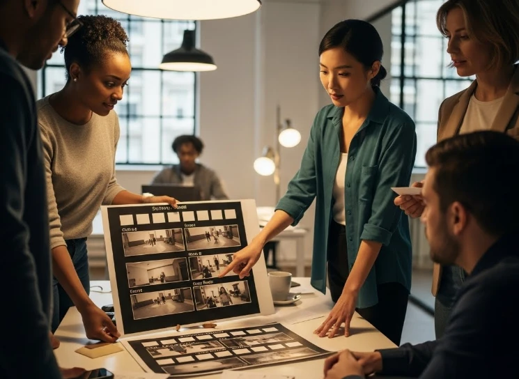 다양한 카메라 앵글의 스토리보드를 분석하는 창의적인 팀 다양한 카메라 앵글의 스토리보드를 분석하는 창의적인 팀